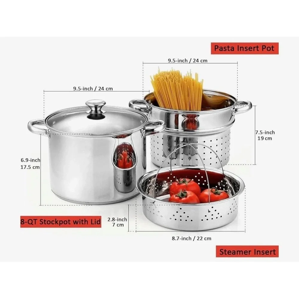 Cook N Home 8 QT Stainless Steel Pasta Stockpot Steamer Insert Lid Induction Set